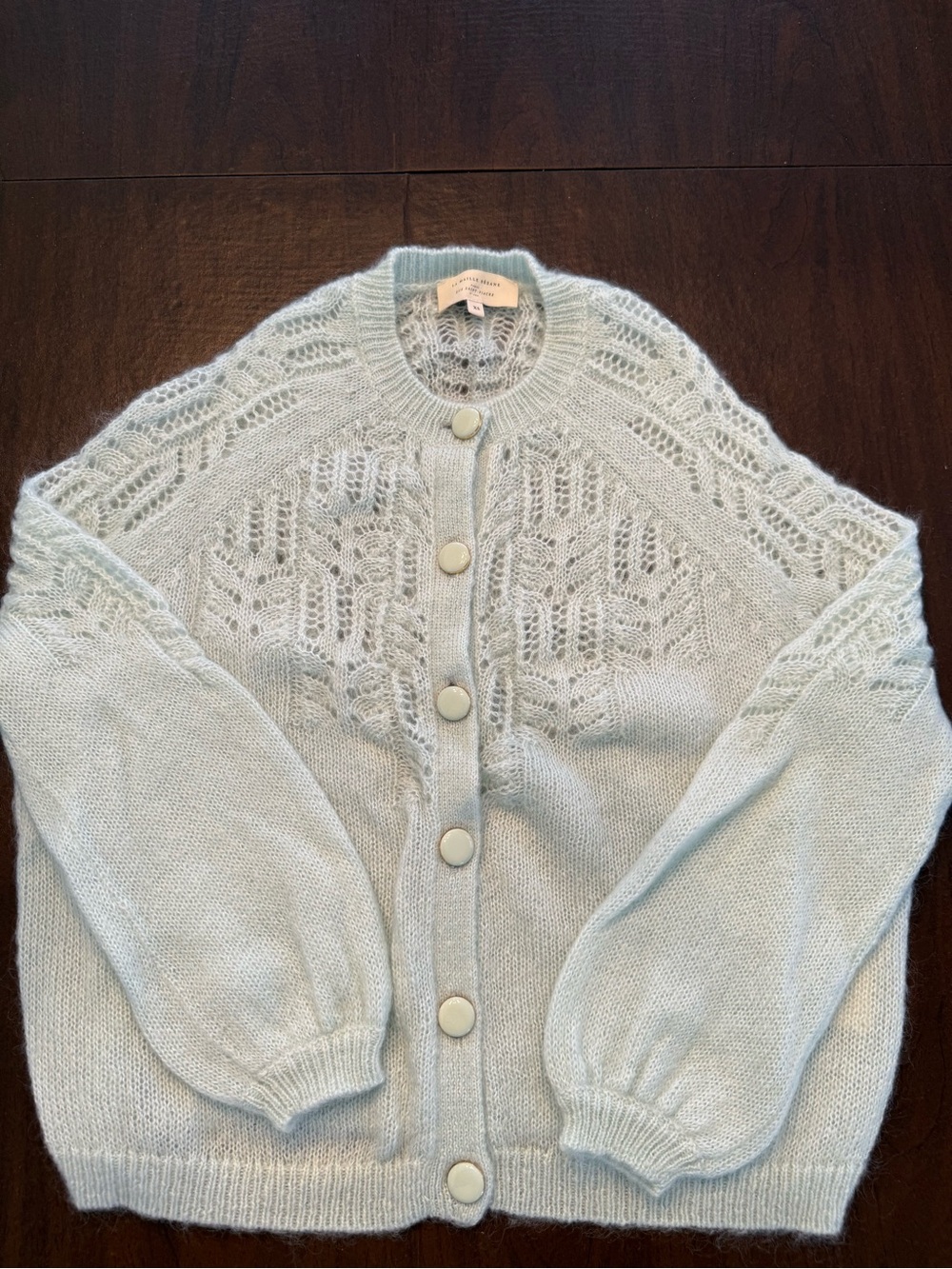 Sezane Mint Green Lace-Knit Button Cardigan